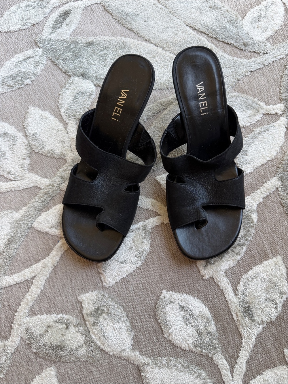 Vaneli Black Leather Slip-On Mule Sandals